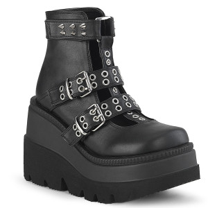 Black Vegan Leather Wedge Boots w/ Buckle Straps - SHAKER-62
