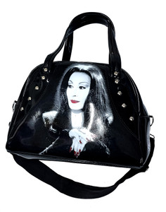 Morticia Addams Black Patent Leather Bowler Handbag 