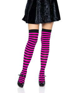 Black and Neon Pink Cari Thigh High Striped Stockings