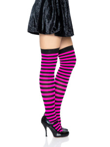 Black and Neon Pink Cari Thigh High Striped Stockings