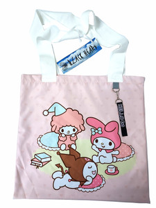 Black Heart - Kuromi, My Melody and My Sweet Piano Large Pink Tote Bag