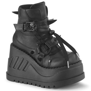 Black Vegan Wedge Platform Lace-Up Front Ankle Boot w/Skull Buckle - Stomp-60