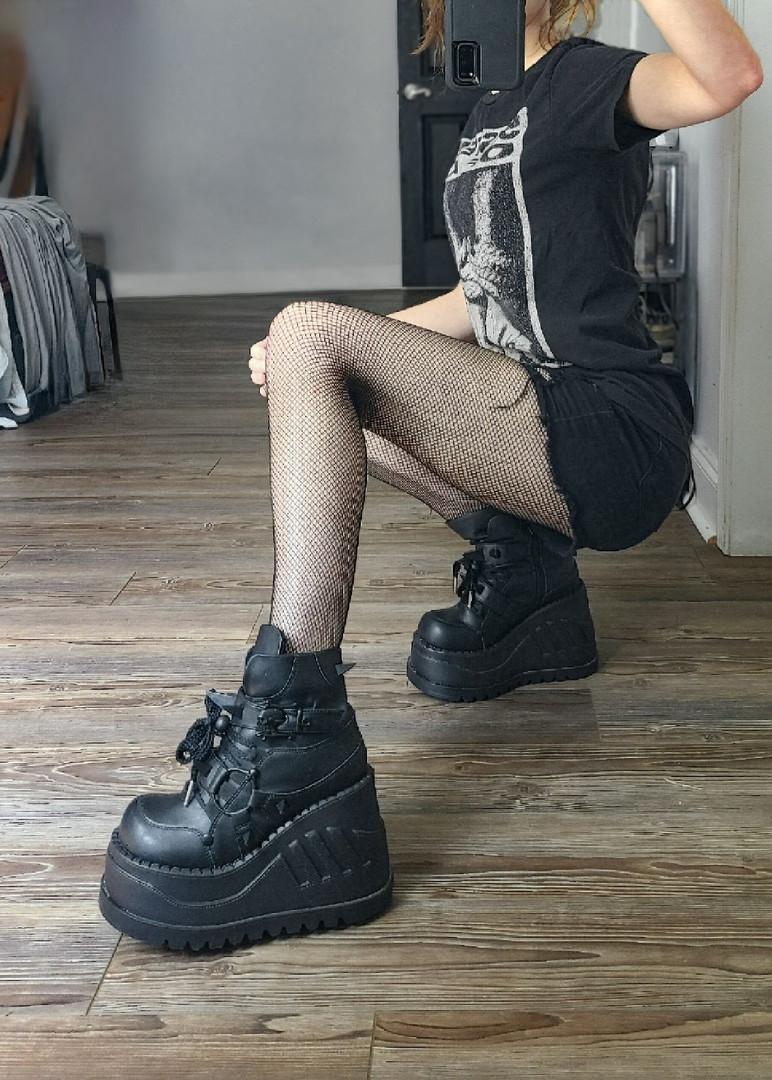 Black Vegan Wedge Platform Lace-Up Front Ankle Boot w/Skull