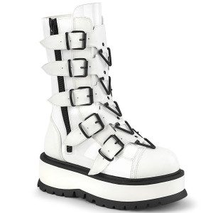 White Patent Platform Boots with Multiple Buckle Straps and Triangle Rings - SLACKER-160