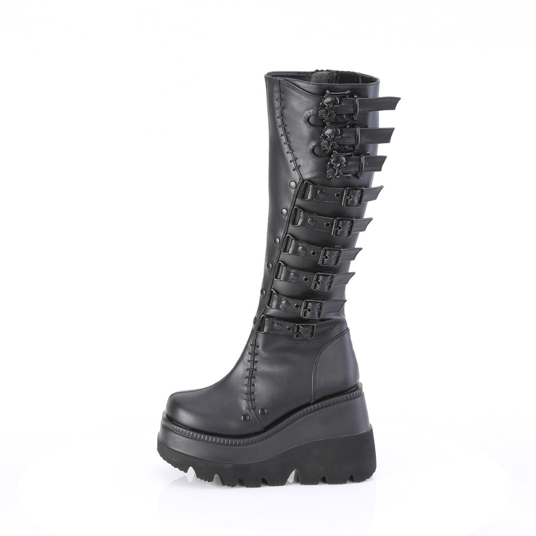 Wedge Vegan Platform Knee High Boot w/ Skull Buckle - SHAKER