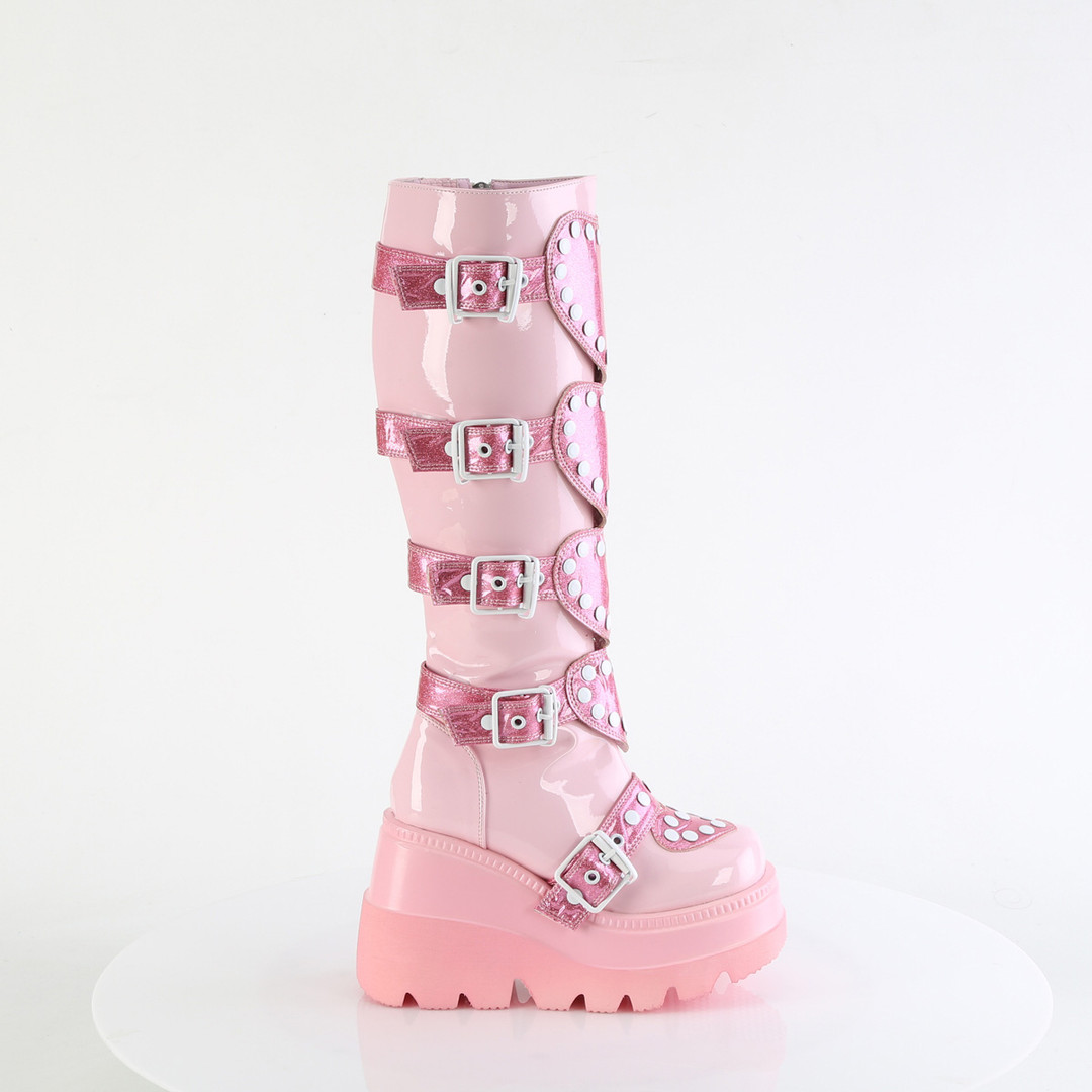 Pink Patent Knee High Platform Boot w/Buckled Heart Shield Center