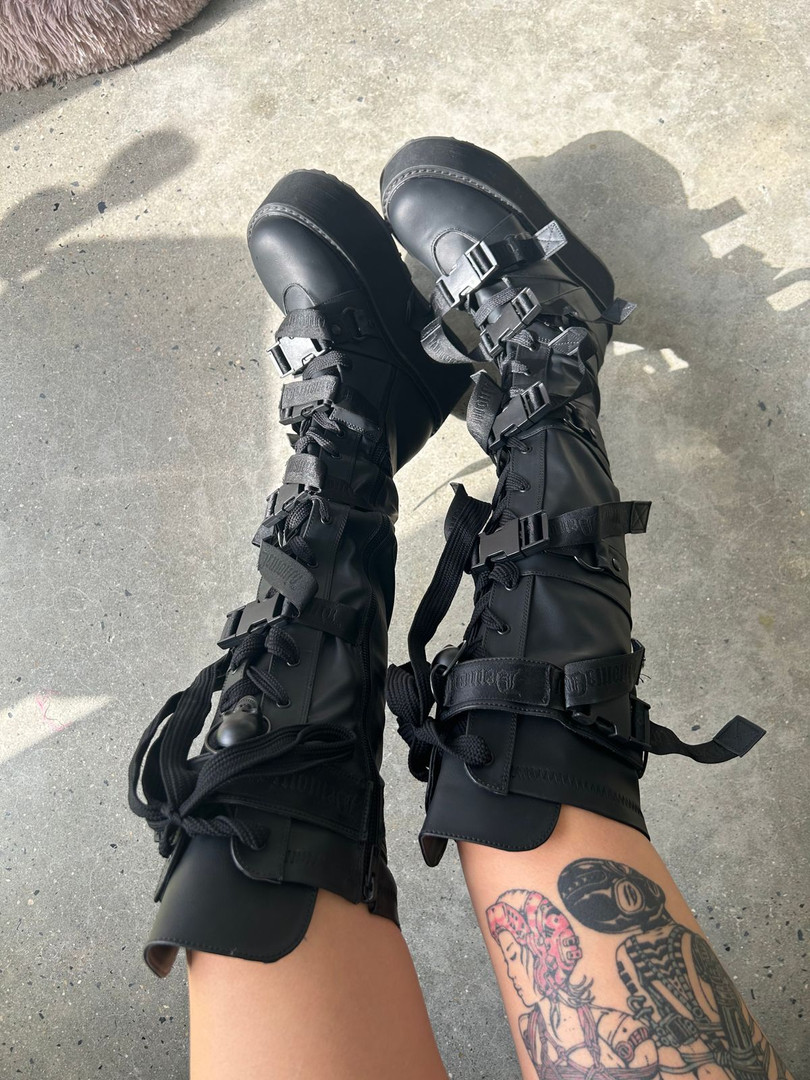 Black Vegan Buckle Strap Front Over-The-Knee Boot