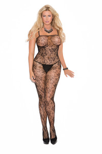 Black Queen Size Fishnet Long Sleeve Bodystocking with Open Crotch