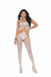 White Crochet Suspender Bodystocking with Open Crotch
