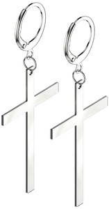 Pair of 316L Stainless Steel Silver Hoop Earrings with Cross Dangle