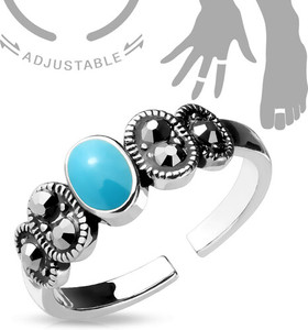 Adjustable Toe Ring/Mid Ring Black Diamond Crystal and Turquoise Center