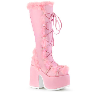 Pink Furry Gogo Knee High Platform Boots - Camel-311