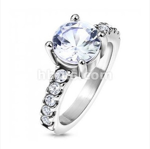 Round CZ with 10 CZ Paved Sides Stainless Steel Engagement Ring