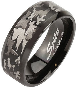 Camouflage Laser Etched Black IP Over Stainless Steel Band Ring