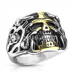Gold PVD Skull with Rose Vines Stainless Steel Rings