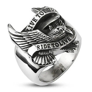 Biker Eagle 'Live to Ride Ride to Live' Wide Cast Ring 316L Stainless Steel