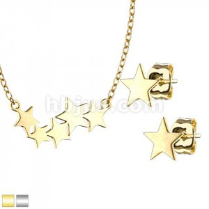 Star Ear Stud Rings and Bridged Stars Necklace with Chain Set