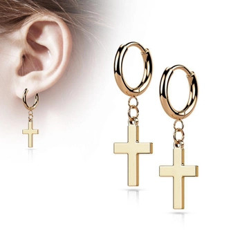 Gold Hinged Hoop Earrings with Cross Dangle - Nuclear Waste