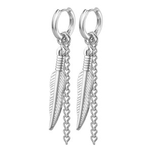 Silver Feather and Chain Dangle Hoop Earring