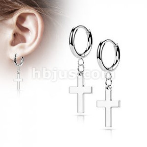 Silver Hinged Hoop Earrings with Cross Dangle