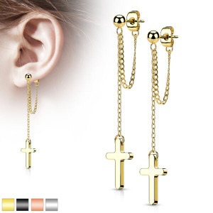 Gold Ball Stud Earrings with Chain Link and Cross Dangling