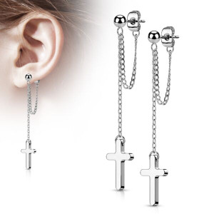 Silver Ball Stud Earrings with Chain Link and Cross Dangling