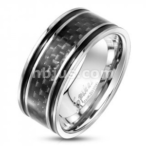 Black Carbon Fiber Inlaid Center with Black Lines Stainless Steel Ring