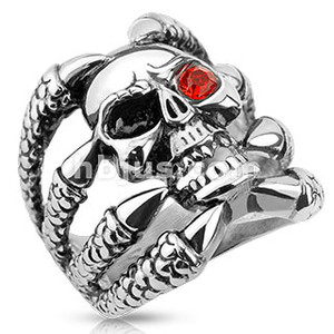 Clawed Skull with One Red CZ Eye Stainless Steel Biker Cast Ring