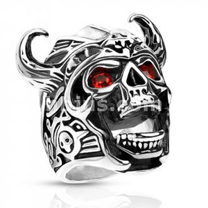 Viking Stainless Steel Skull Ring with Red Gem Eyes