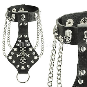 Black Leather Slave Bracelet with Skulls, Chains, and Fleur De Lis Cross