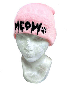 Meow Kitty Paw Pink Embroidered Beanie