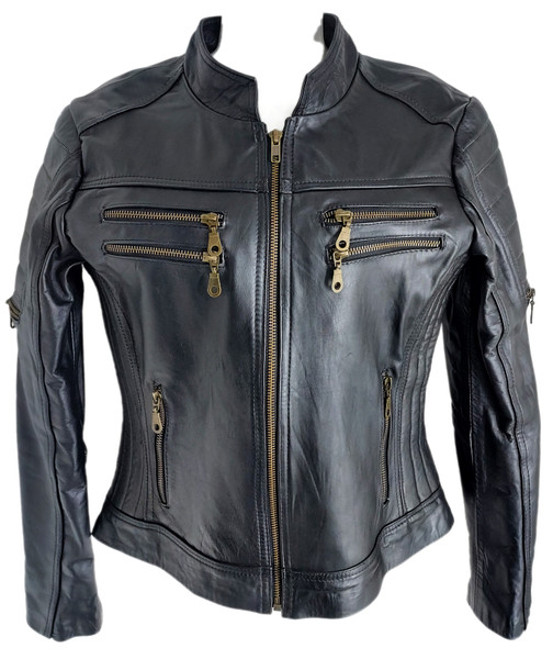 Solo Piel - Women's Double Breast Zipper Leather Biker Jacket