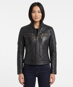 Women's Double Breast Zipper Leather Biker Jacket