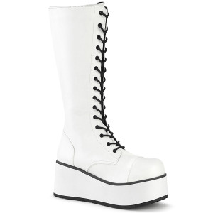 White Unisex Knee High Platform Boots w/ Buckle Straps - Trashville-502