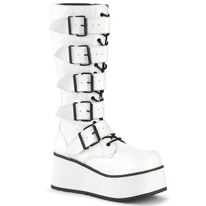 White Vegan Platform Knee High Boots with 5 Buckles - Trashville-518
