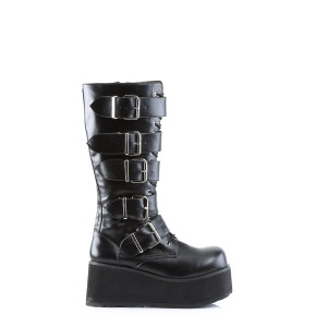 Black Vegan Platform Goth Punk Knee High Boots with 5 Buckles - Trashville-518