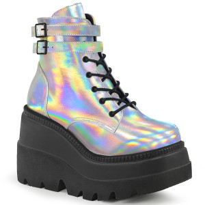 Women's Silver Holographic 4 1/2" Vegan Lace-Up Wedge Ankle Boots - Shaker-52