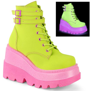 Women's Lime & Pink 4 1/2" Vegan Lace-Up Wedge Ankle Boots - Shaker-52