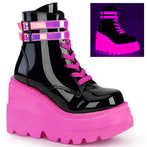 Women's Black Patent & Neon Pink 4 1/2" Lace-Up Wedge Ankle Boots - Shaker-52