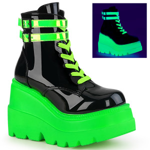 Women's Black Patent & Neon Green 4 1/2" Vegan Lace-Up Wedge Ankle Boots - Shaker-52