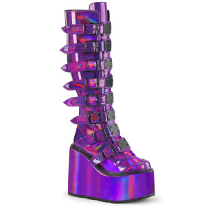 Purple Holographic 8 Buckle Straps Platform Knee High Boots - Swing-815