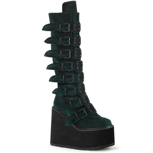 Emerald Velvet 8 Buckle Straps Platform Knee High Boots - Swing-815