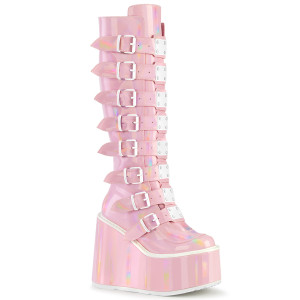 Pink Holographic 8 Buckle Straps Platform Knee High Boots - Swing-815