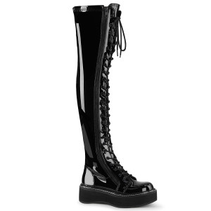 Black Patent Zipper Thigh-High Lace-Up Platform Boots - Emily-375