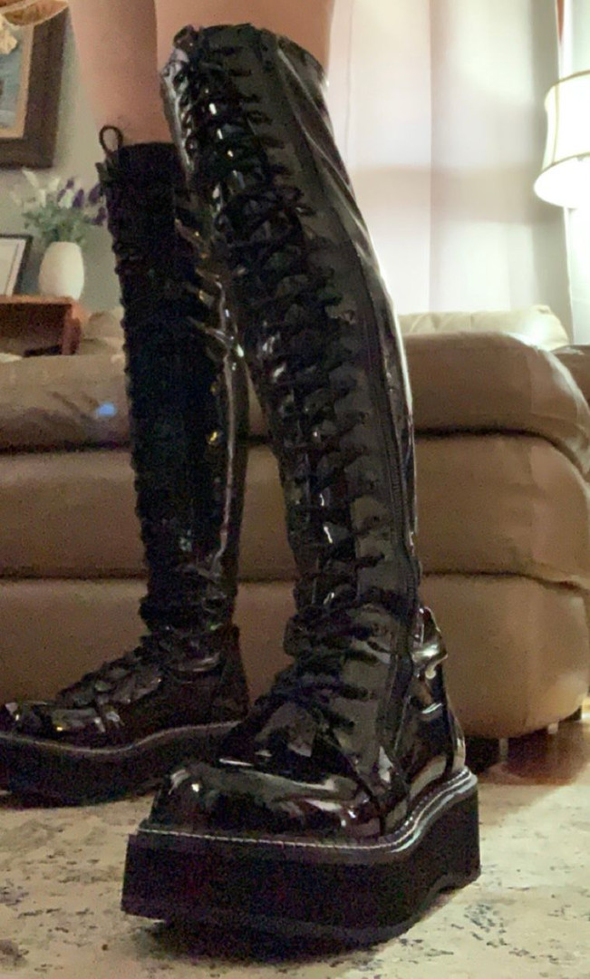 Black Vegan Zipper Thigh-High Lace-Up Platform Boots - Emily