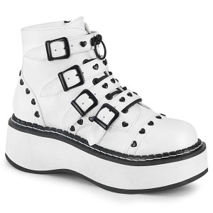 Heart Buckle Up Goth Strap White Ankle Platform Boots - Emily-315