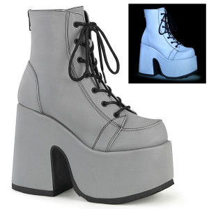 Grey Reflective Vegan Leather Lace-Up Platform Ankle Boots - Camel-203