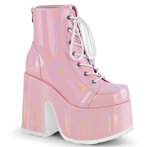 Pink Holographic Patent Leather Lace-Up Platform Ankle Boots - Camel-203