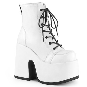 White Vegan Leather Lace-Up Platform Ankle Boots - Camel-203