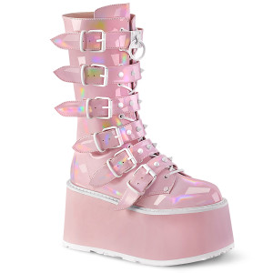 Holographic Pink Studded Buckle Strap Platform Boots - DAMNED-225